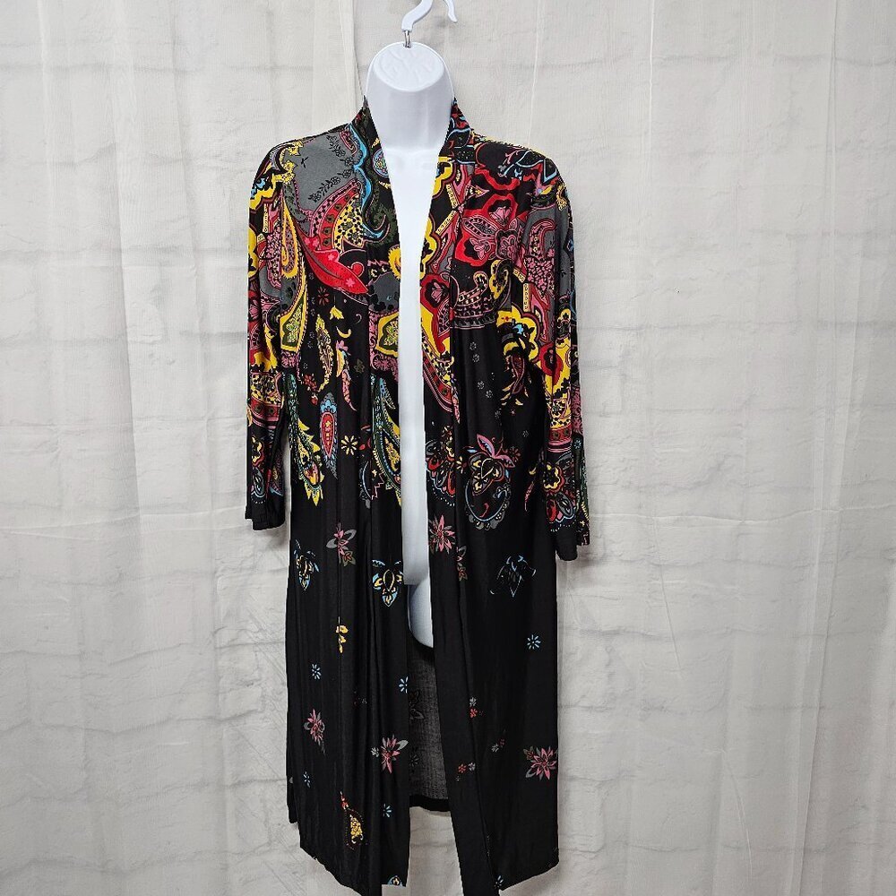Reborn Black Paisley-Print Kimono with Red & Yellow Accents